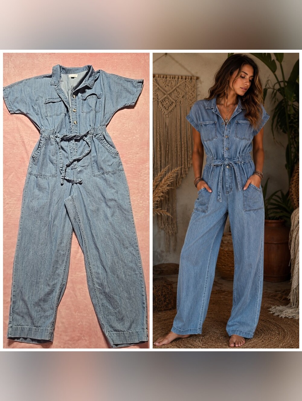 Universal Thread 100% Cotton Denim Utility Elastic Waist Tie Jumpsuit Size 8